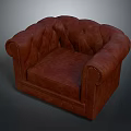 Classic Brown Leather Armchair With Tufted Buttons And Stitched Edges