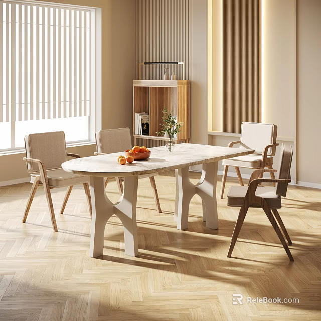 Elegant Dining Table Set With White Top Unique Legs Upholstered Chairs Window Blinds And Shelf 3d model 