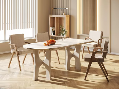 Elegant Dining Table Set With White Top Unique Legs Upholstered Chairs Window Blinds And Shelf 3d model