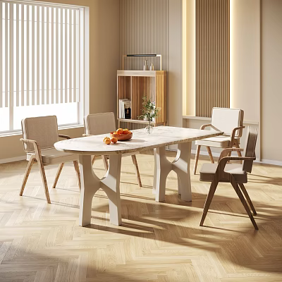 Elegant Dining Table Set With White Top Unique Legs Upholstered Chairs Window Blinds And Shelf 3d model
