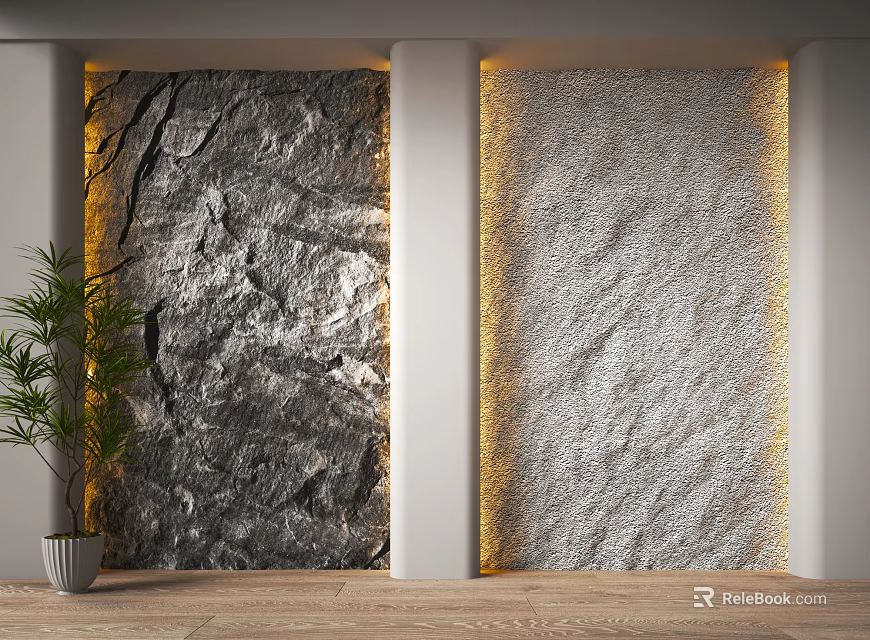 Stone And Rough Textured Background Walls With Warm Yellow Lighting Green Plant And Wooden Floor 3d model 