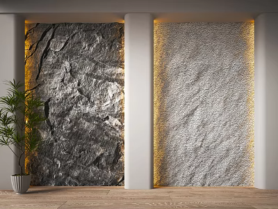 Stone And Rough Textured Background Walls With Warm Yellow Lighting Green Plant And Wooden Floor 3d model