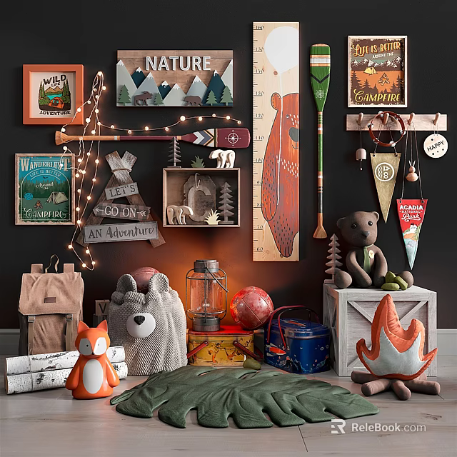 Stuffed Animal Toys With Teddy Bear Fox Plush Nature Posters Adventure Sign And Wooden Crate 3d model 
