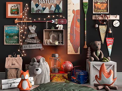Stuffed Animal Toys With Teddy Bear Fox Plush Nature Posters Adventure Sign And Wooden Crate 3d model