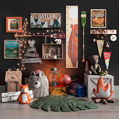 Stuffed Animal Toys With Teddy Bear Fox Plush Nature Posters Adventure Sign And Wooden Crate 3d model