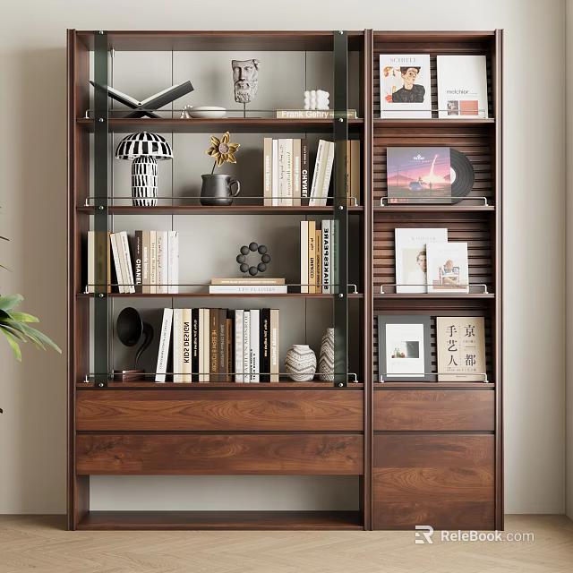 Modern Wooden Bookcase With Glass Doors And Open Shelves Holding Books Decorative Items Frames 3d model 