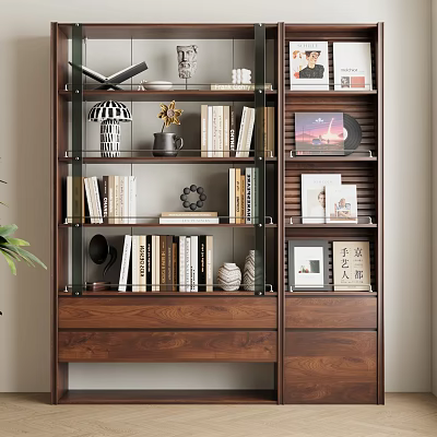 Modern Wooden Bookcase With Glass Doors And Open Shelves Holding Books Decorative Items Frames 3d model
