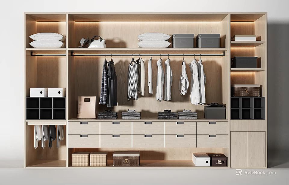 Modern Organized Wooden Wardrobe Interior with Hanging Clothes Drawers and Storage Boxes 3d model 