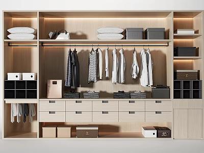 Modern Organized Wooden Wardrobe Interior with Hanging Clothes Drawers and Storage Boxes 3d model