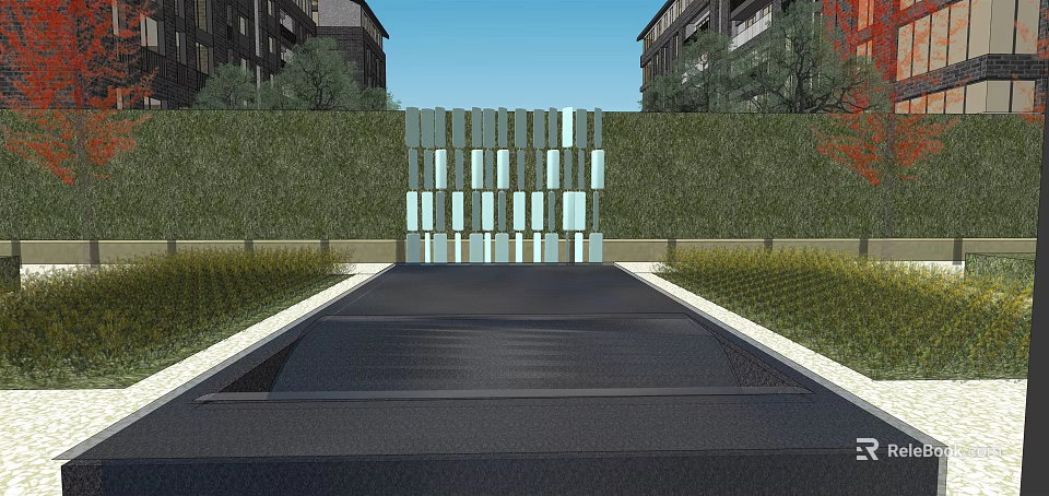 Modern Garden Landscape Design With Pathway Central Decorative Screen And Green Walls 3d model 