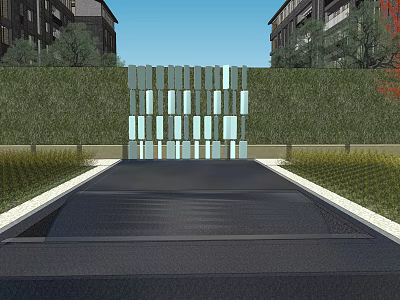 Modern Garden Landscape Design With Pathway Central Decorative Screen And Green Walls 3d model