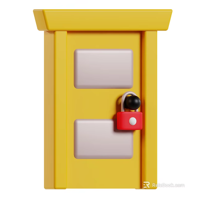 Yellow Gate With White Square Panels Red Lock And Black Knob Design 3d model 