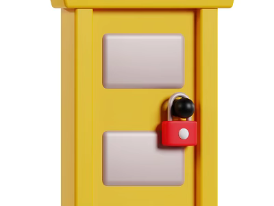 Yellow Gate With White Square Panels Red Lock And Black Knob Design 3d model