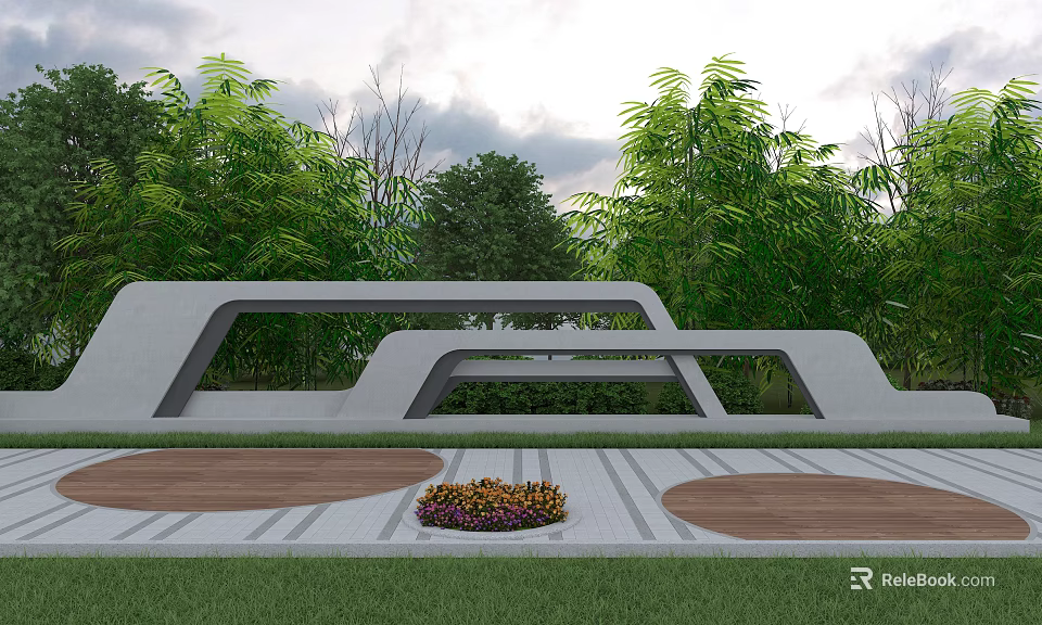 Modern Geometric Landscape Wall Surrounded By Green Trees With Circular Platforms Lawn And Flower Bed 3d model 