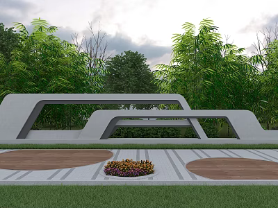 Modern Geometric Landscape Wall Surrounded By Green Trees With Circular Platforms Lawn And Flower Bed 3d model