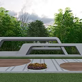 Modern Geometric Landscape Wall Surrounded By Green Trees With Circular Platforms Lawn And Flower Bed