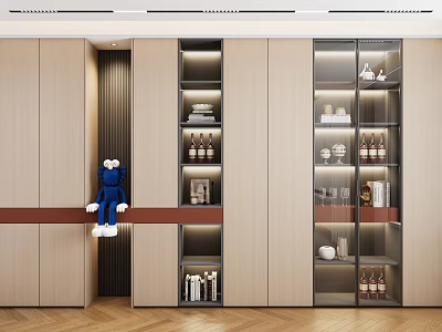 Modern Wine Cabinet Design With Glass Doors Wooden Shelves Interior Lighting Showcasing Wine Bottles Glasses 3d model