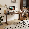 Modern Wooden Desk and Leather Chair Set with Computer Setup Bookshelf and Decorative Elements