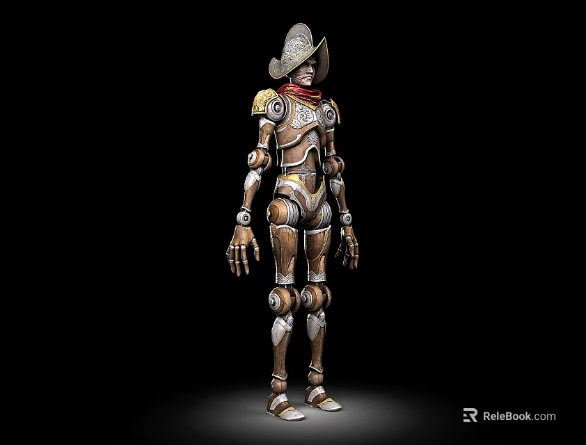 Game Movie Character Western Style Cowboy Robot With Brown Metal Armor Hat And Red Scarf 3d model 