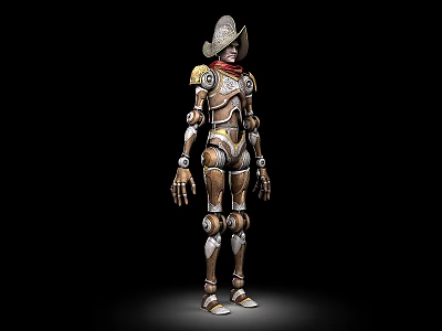 Game Movie Character Western Style Cowboy Robot With Brown Metal Armor Hat And Red Scarf 3d model