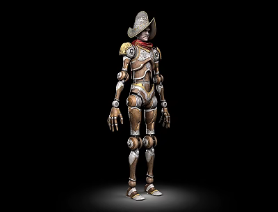 Game Movie Character Western Style Cowboy Robot With Brown Metal Armor Hat And Red Scarf 3d model