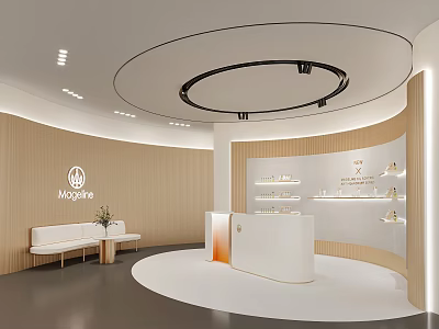 Modern Reception Area With Curved Light Wood Walls Circular Ceiling White Desk Sofa MOGARIS Logo 3d model
