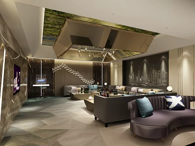 Luxurious Modern KTV Room Interior With Comfortable Sofas Bar Counter And City Night View Wall 3d model