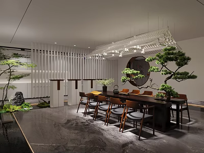 Modern Teahouse Interior with Round Decorative Mirror Pine Trees and Wooden Dining Table 3d model