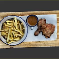 Crispy Fried Chicken Leg With French Fries And Sauce On Wooden Tray
