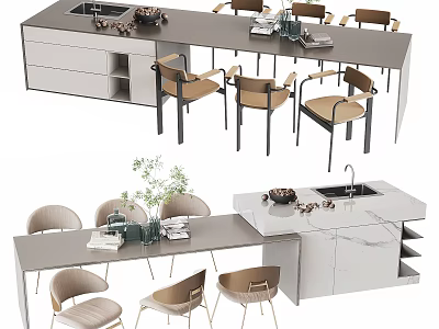 Modern Dining Table Set With Beige Chairs White Marble Countertop And Cabinets 3d model