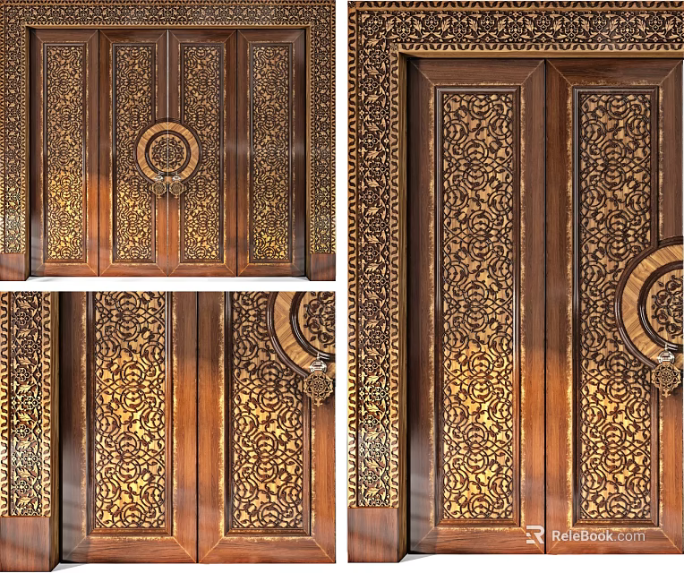 Wooden Double Doors With Intricate Carved Patterns And Golden Decorative Rings 3d model 