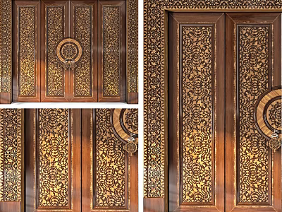 Wooden Double Doors With Intricate Carved Patterns And Golden Decorative Rings 3d model