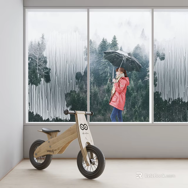 Wooden Children's Balance Bike Near Window With Rainy Forest View And Person Holding Umbrella 3d model 