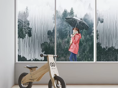 Wooden Children's Balance Bike Near Window With Rainy Forest View And Person Holding Umbrella 3d model