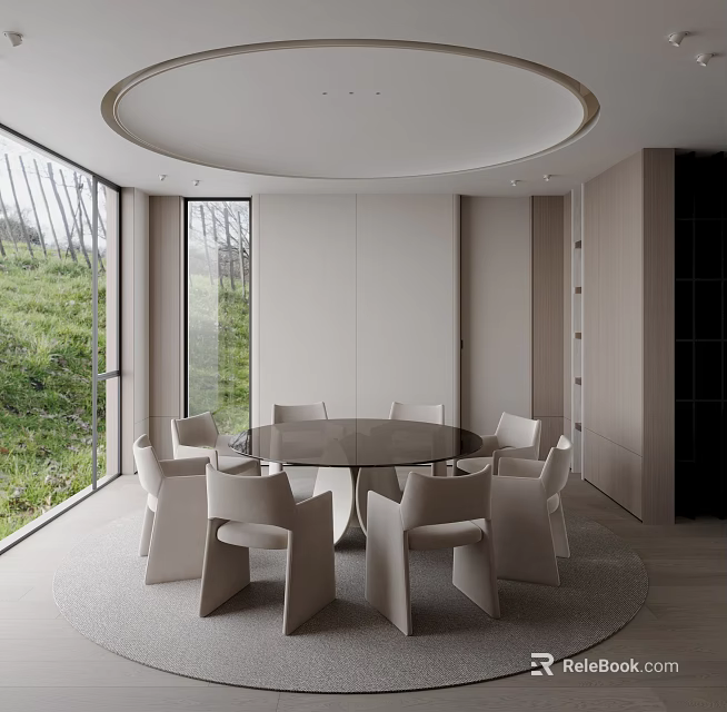 Modern Minimalist Restaurant With Round Dining Table White Chairs Large Windows Overlooking Green Grass 3d model 