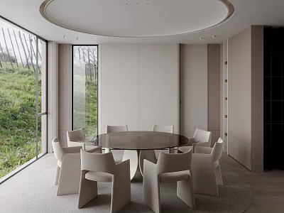 Modern Minimalist Restaurant With Round Dining Table White Chairs Large Windows Overlooking Green Grass 3d model
