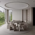 Modern Minimalist Restaurant With Round Dining Table White Chairs Large Windows Overlooking Green Grass