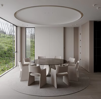 Modern Minimalist Restaurant With Round Dining Table White Chairs Large Windows Overlooking Green Grass 3d model
