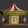 Children Riding Colorful Carousel With Red White Striped Canopy And Golden Decorations
