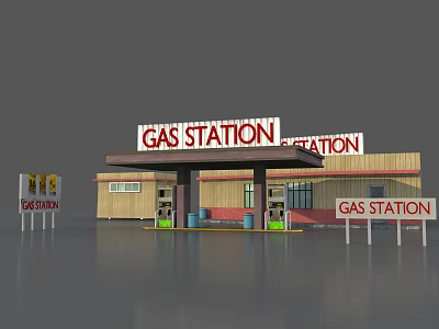 Gas Station Exterior With Fuel Pumps And Red Signage Building View 3d model