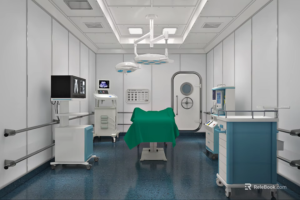 Modern Operating Room Interior With Surgical Lights Green Draped Table And Medical Devices 3d model 