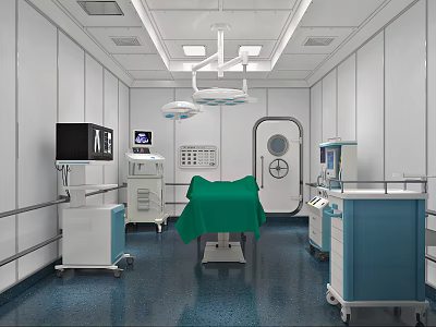 Modern Operating Room Interior With Surgical Lights Green Draped Table And Medical Devices 3d model