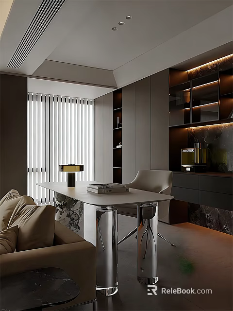 Modern Office Desk With Table Lamp Books Chair Dark Cabinets And Blinds 3d model 