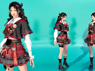 Young Women In Plaid Skirt And Black Red Outfit With Decorative Accessories And Boots 3d model