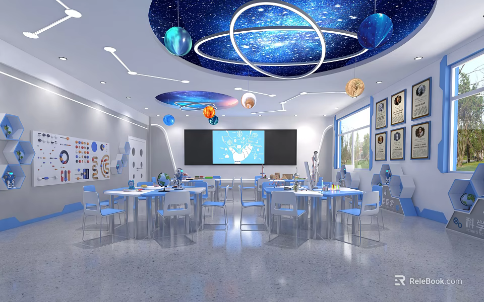 School Classroom With Starry Sky Ceiling Large Screen Educational Charts And Certificates 3d model
