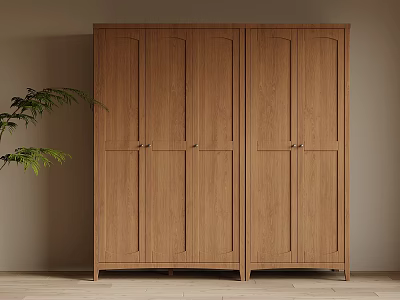 Modern Wooden Three Door Wardrobe In Neutral Room With Green Plant 3d model