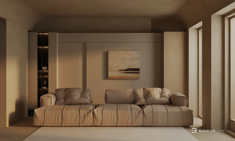 Modern Living Room Interior With Beige Three Seater Sofa And Decorative Wall Art 3d model 