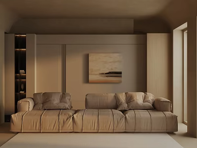 Modern Living Room Interior With Beige Three Seater Sofa And Decorative Wall Art 3d model