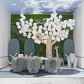 Indoor Kids Activity Space With Green Plant Wall White Balloon Tree Blue Chairs And Toys