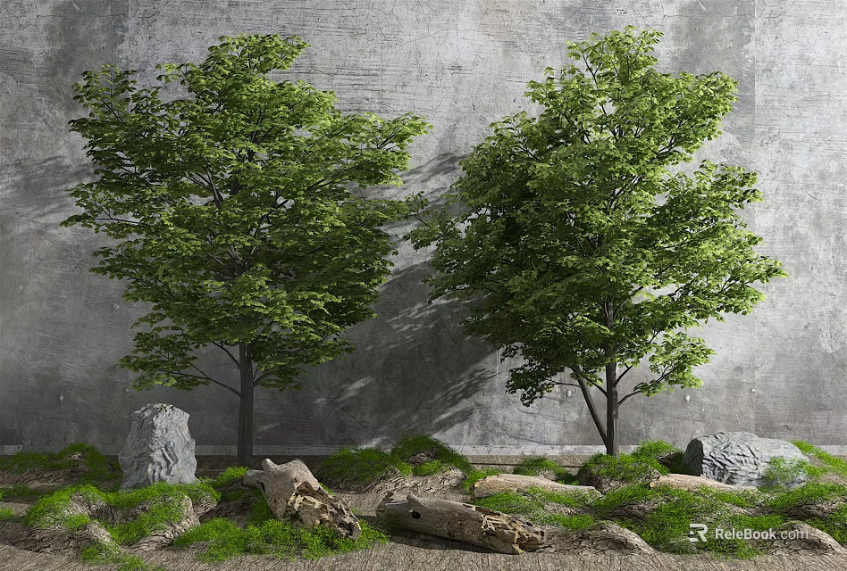 Tall Arbor Trees Against Gray Wall With Stones Logs And Green Grass 3d model 